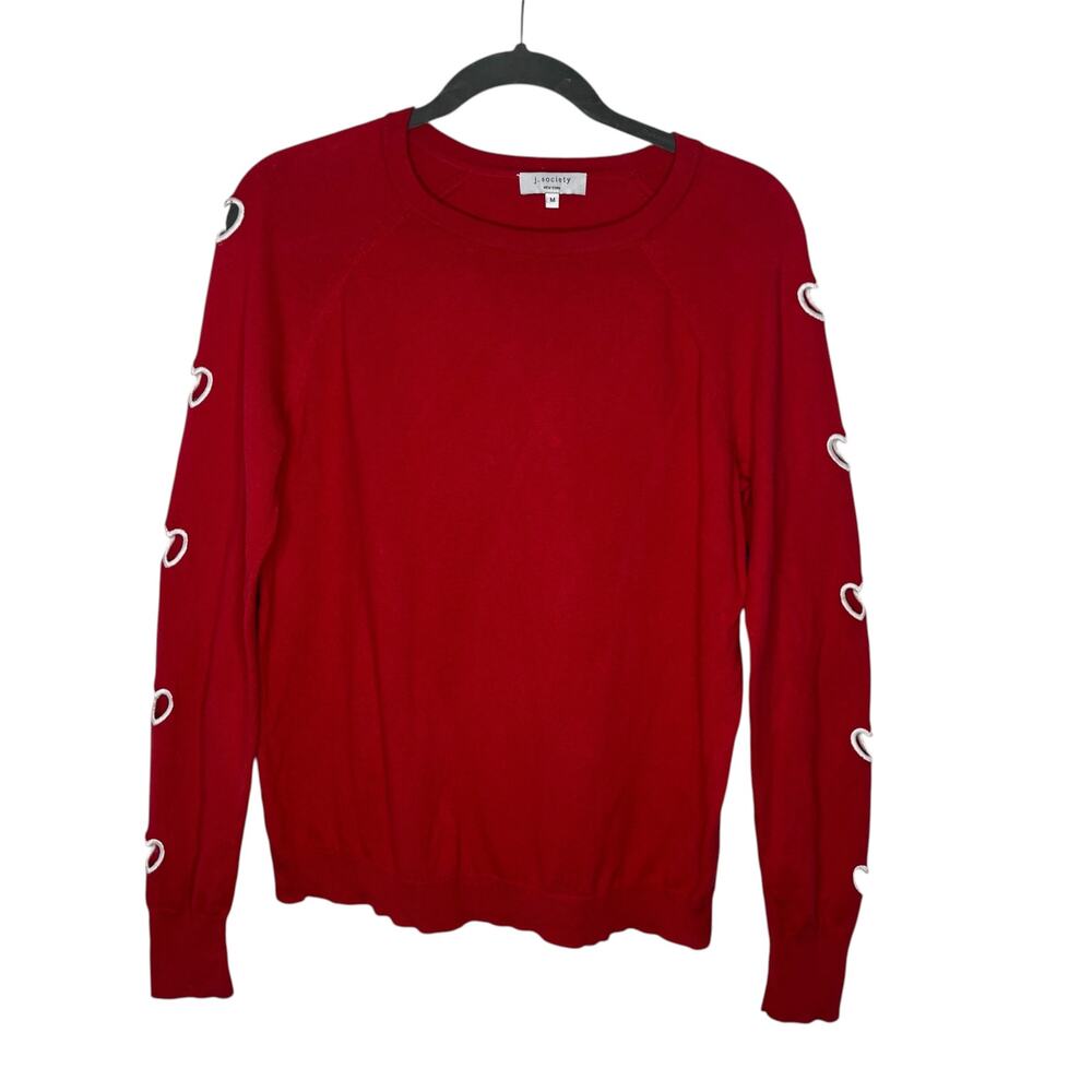 J. Society Womens Sweater Medium Red Cut Out Heart Sleeve Knit Crew Neck Cotton